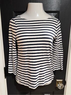 J. Crew Navy and White Nautical Striped Boat Neck 3/4 Sleeve Tee